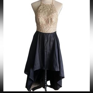 B Smart Prom Dress Size 1/2 Hi Low Sheer Gold Rhinestone Beaded Hoco Evening Y2K